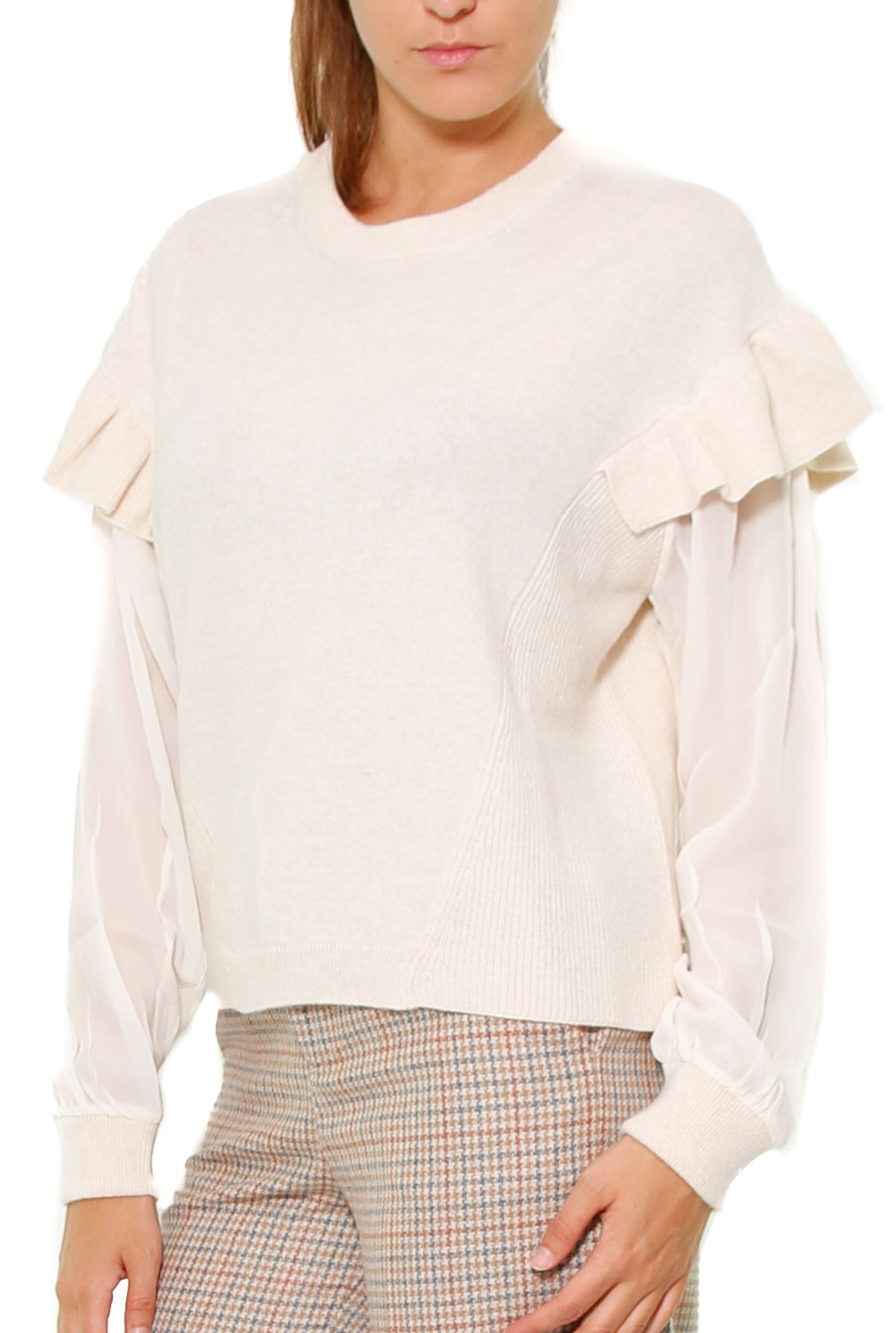 Twin Set Srl maglia in misto cashmere con maniche di tulle beige