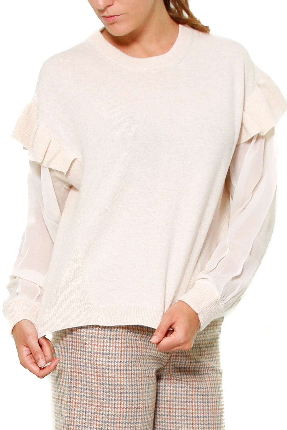 Twin Set Srl maglia in misto cashmere con maniche di tulle beige