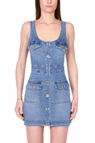 Elisabetta Franchi miniabito smanicato in denim stretch blu