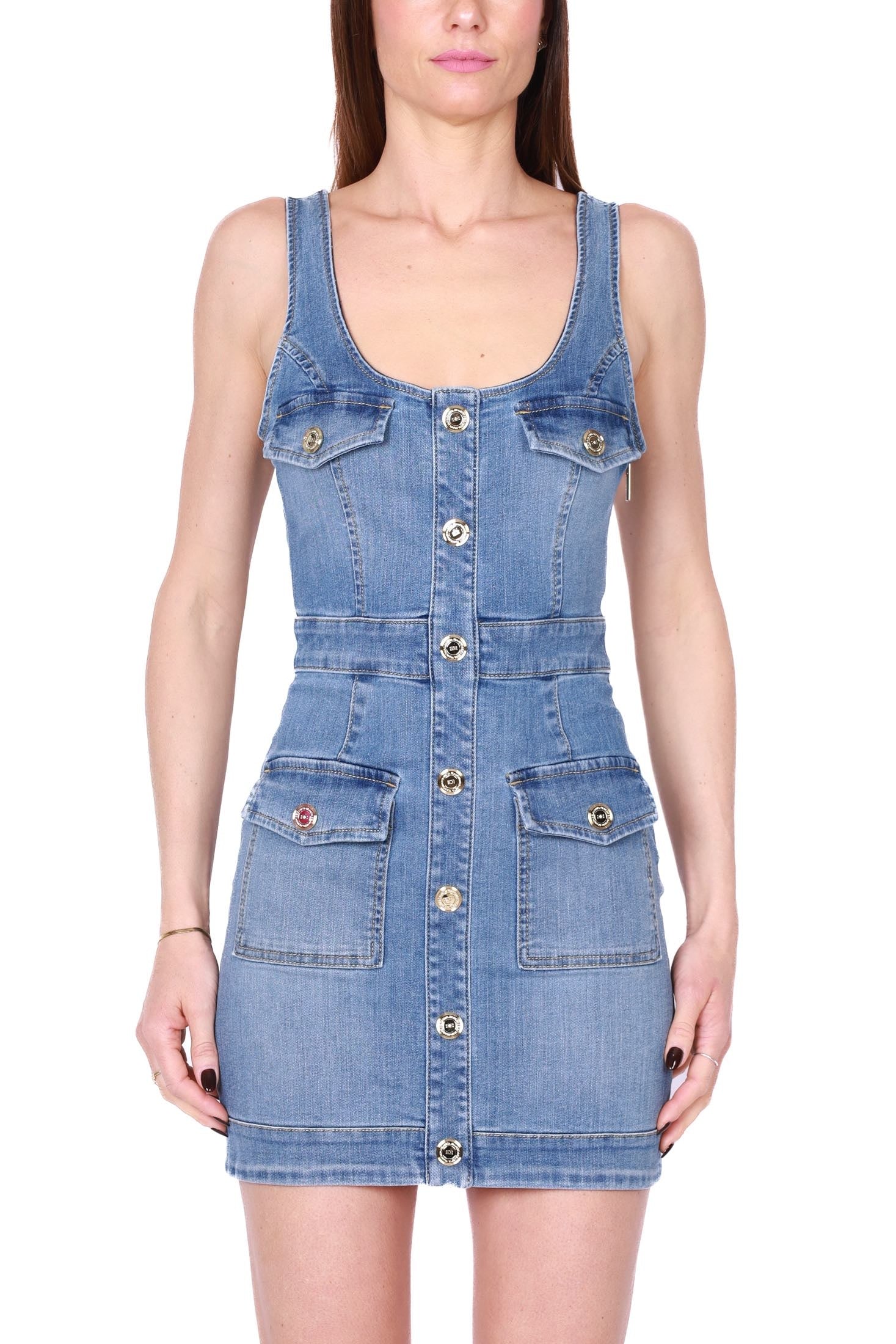 Elisabetta Franchi miniabito smanicato in denim stretch blu