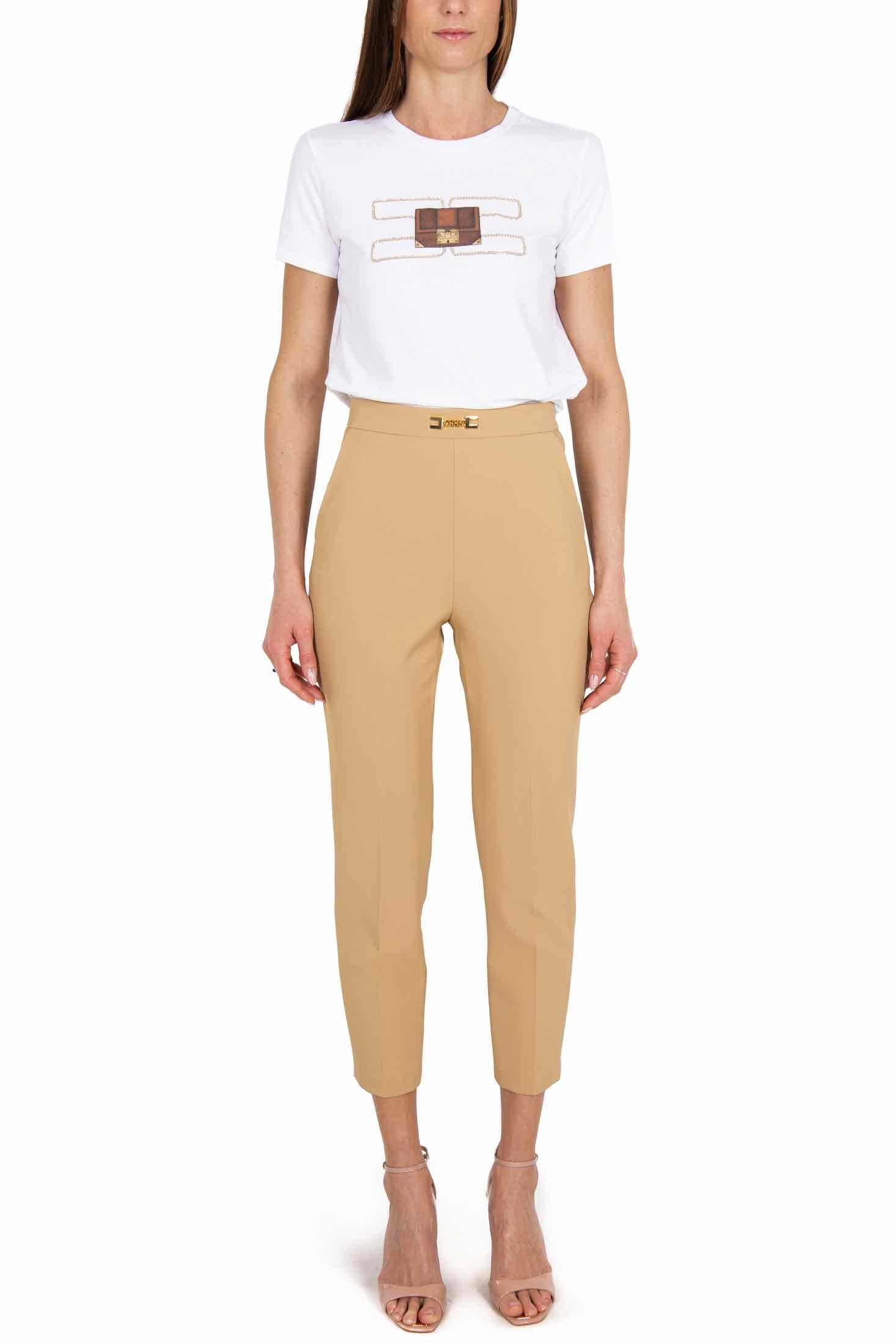 Elisabetta Franchi pantalone a sigaretta con morsetto logo beige