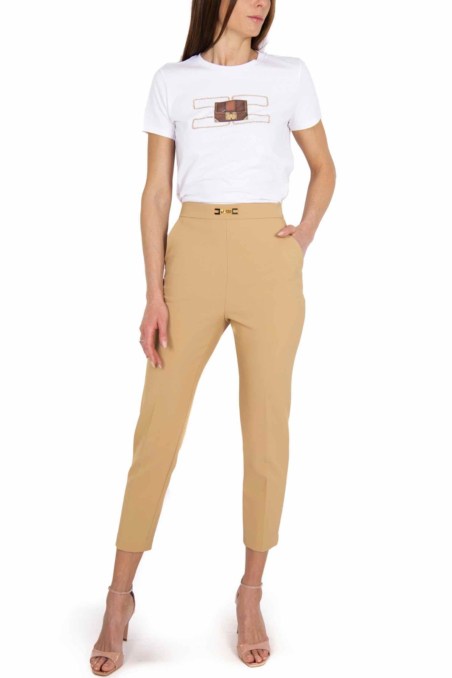 Elisabetta Franchi pantalone a sigaretta con morsetto logo beige