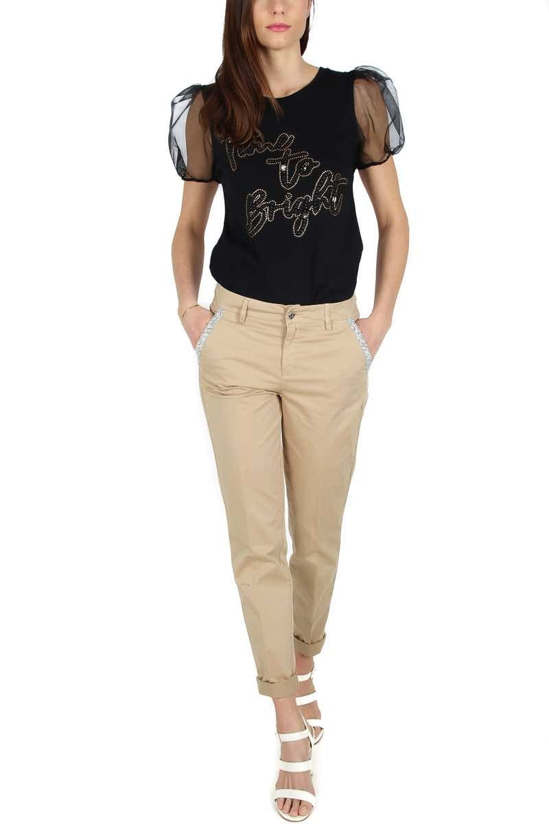 Liu Jo White pantalone a sigaretta in cotone con strass beige