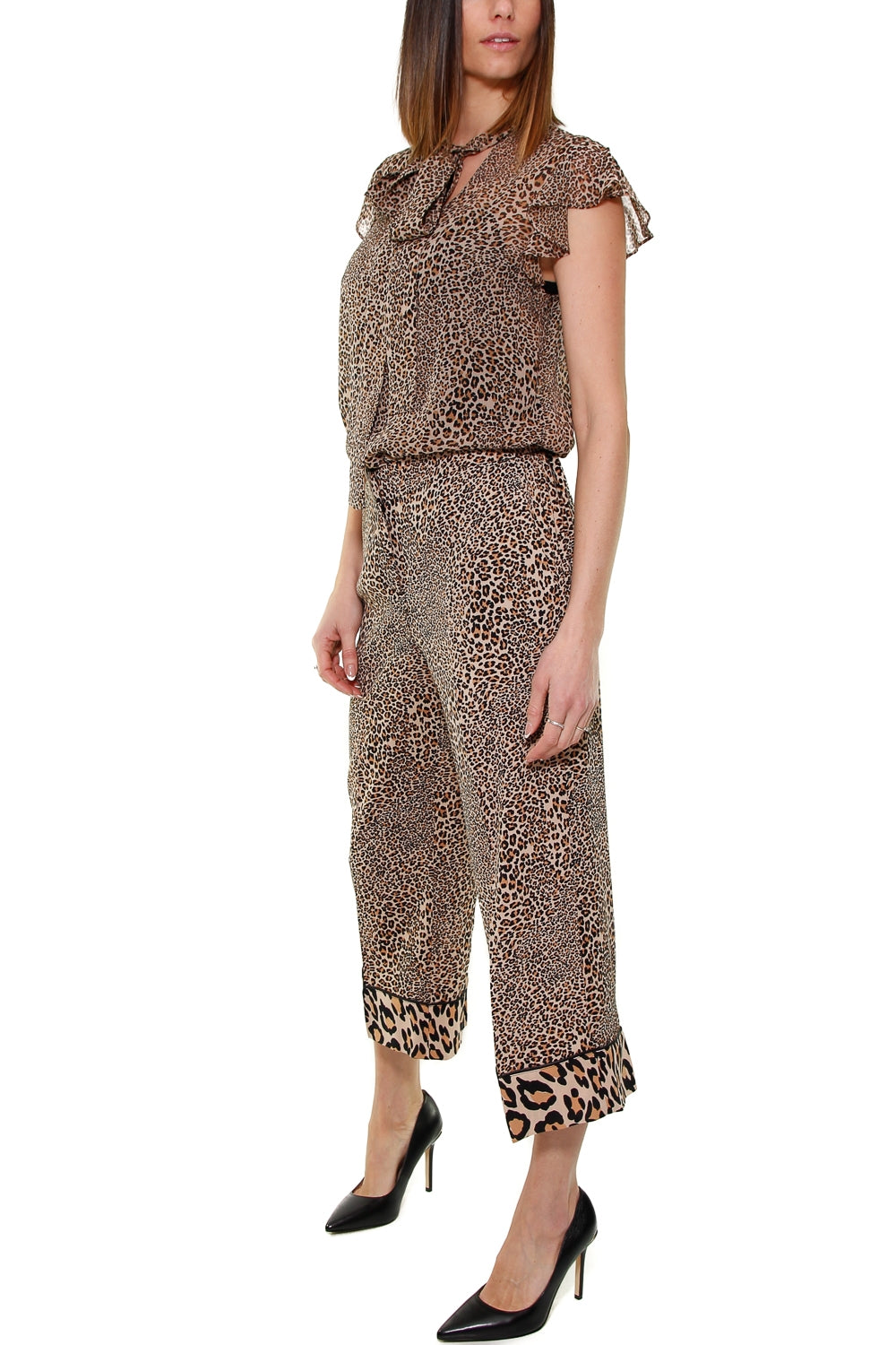 Twin Set Srl pantalone cropped in crepe animalier nero