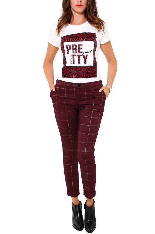 Liu Jo White pantalone cropped in principe di galles bordeaux