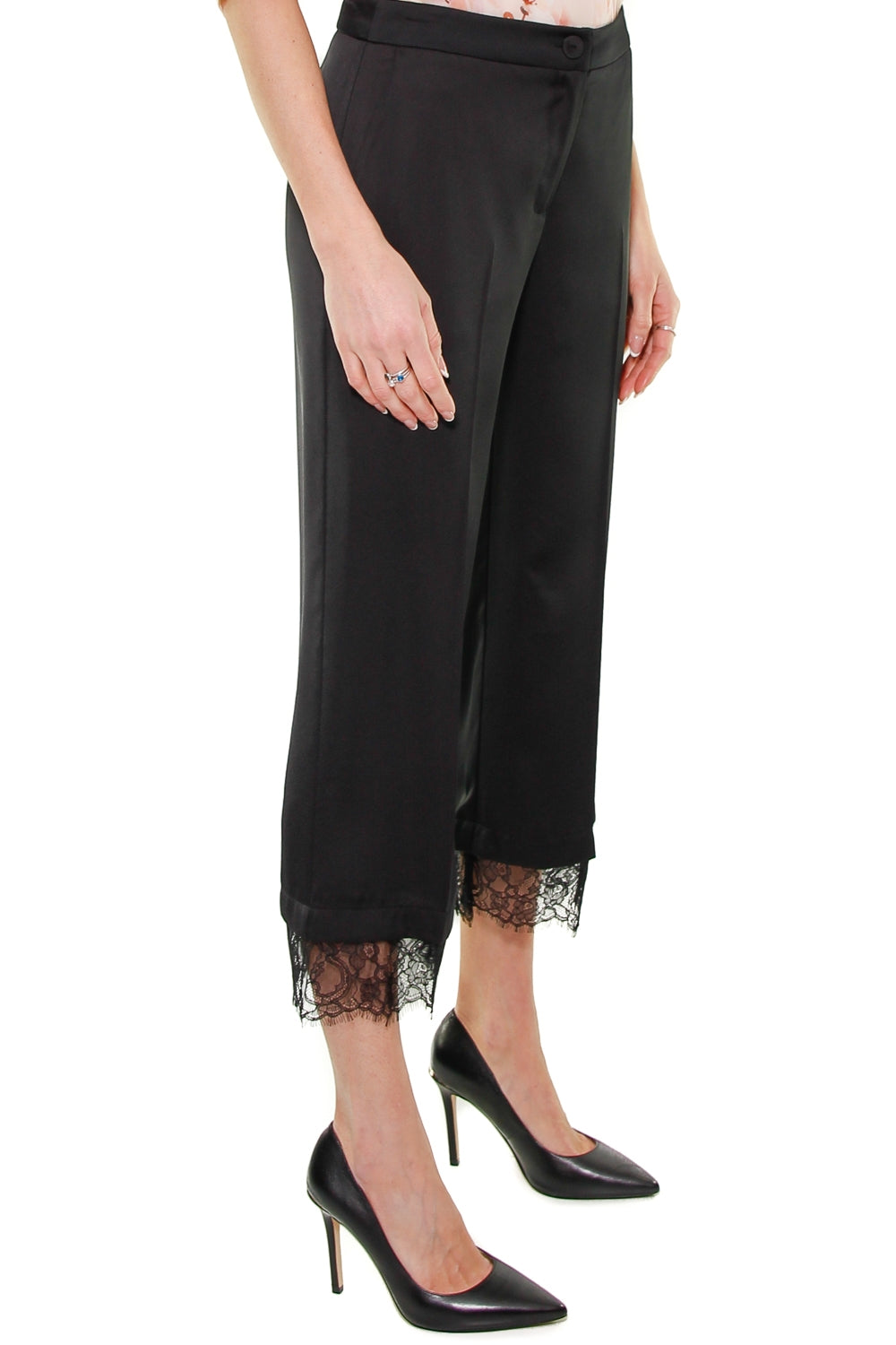 Twin Set Srl pantalone cropped inserto pizzo nero