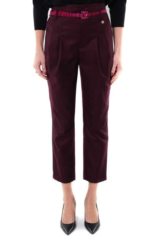 Fracomina pantalone vita alta con pinces e cintura bordeaux