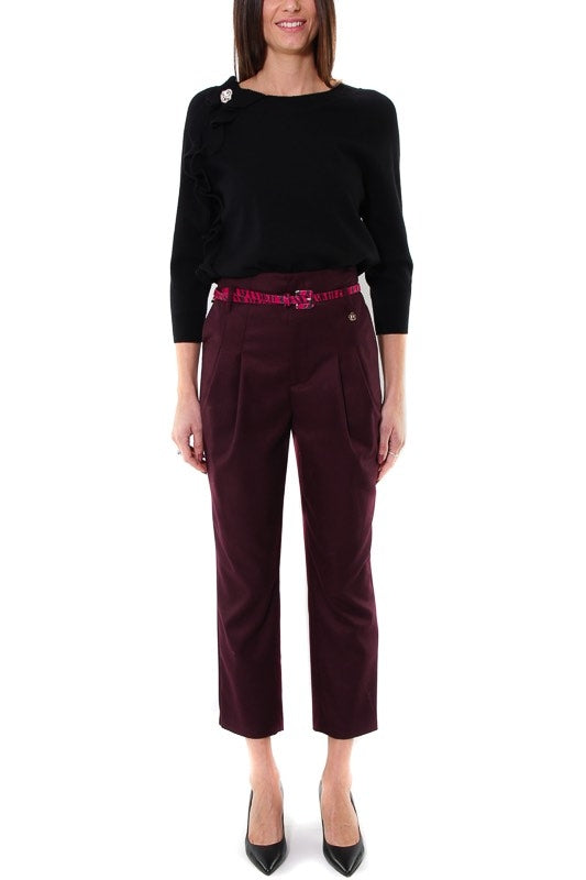 Fracomina pantalone vita alta con pinces e cintura bordeaux