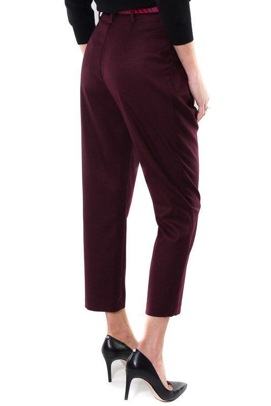 Fracomina pantalone vita alta con pinces e cintura bordeaux