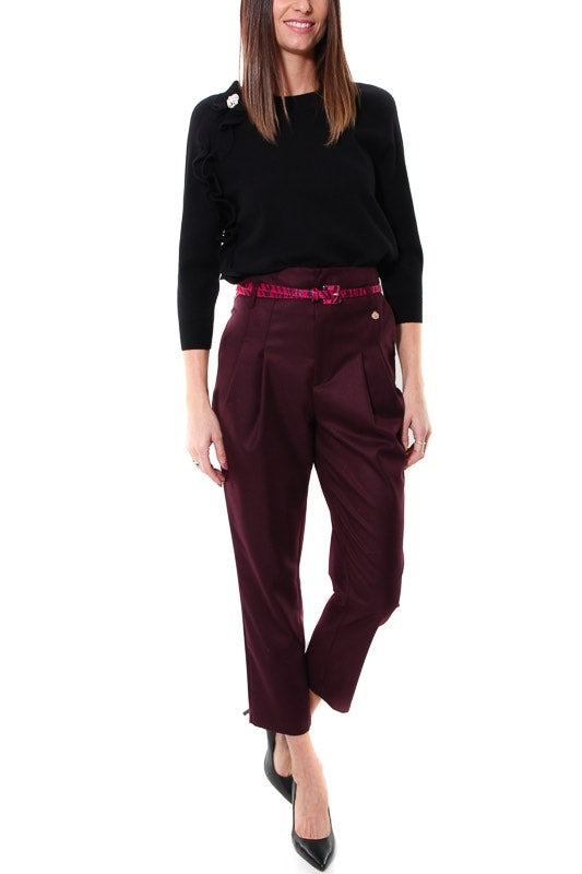 Fracomina pantalone vita alta con pinces e cintura bordeaux