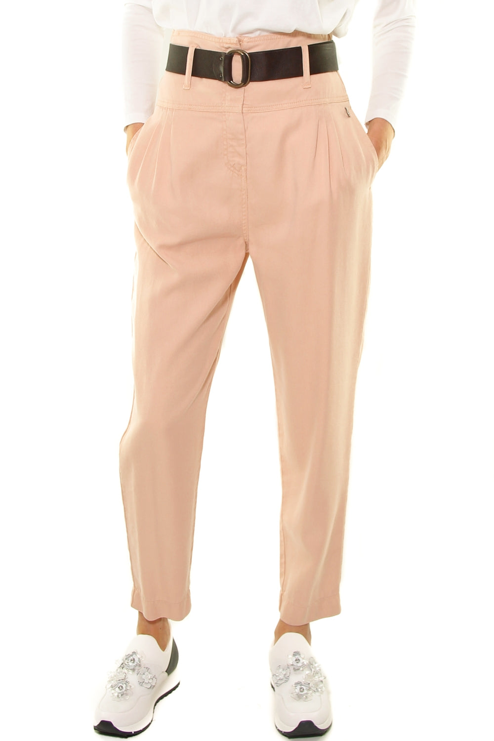 Dixie pantalone vita alta con pinces in tencel rosa