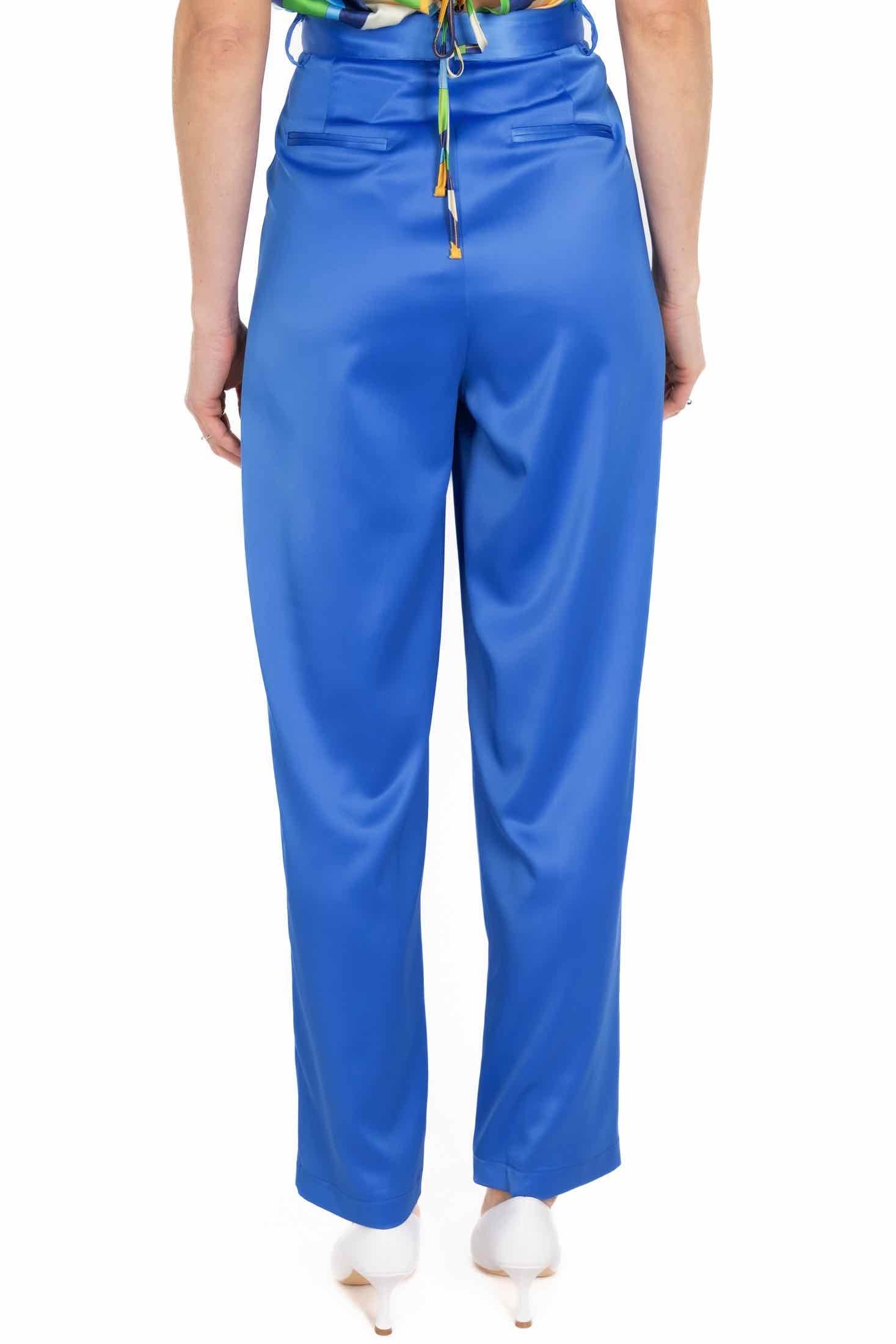 Dixie pantalone vita alta in raso satin bluette