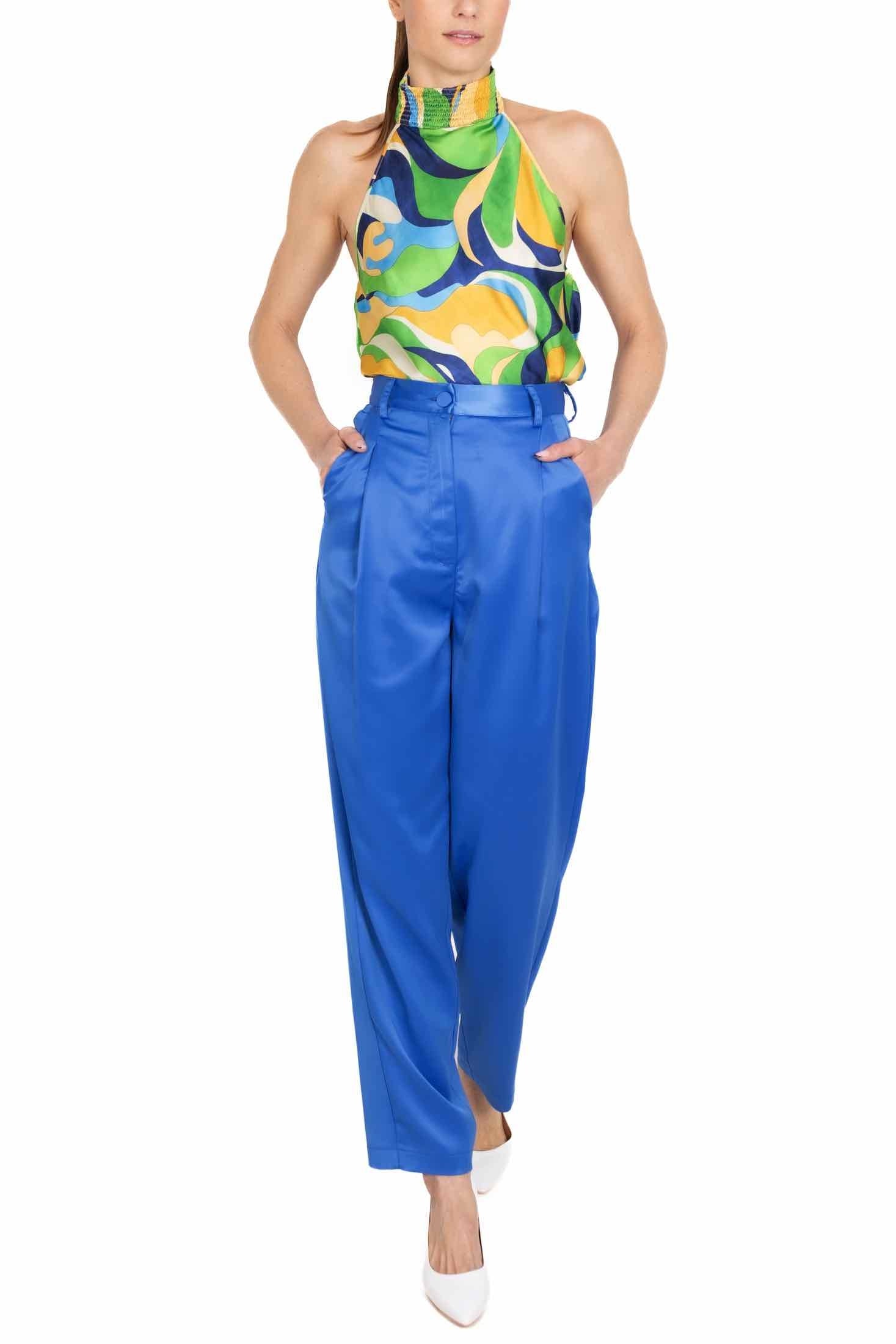 Dixie pantalone vita alta in raso satin bluette