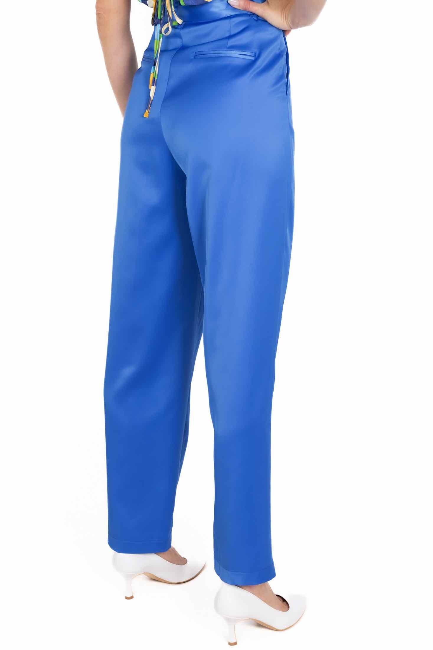 Dixie pantalone vita alta in raso satin bluette