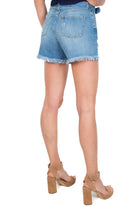 Pinko short in jeans con strappi e fibbia logo blu