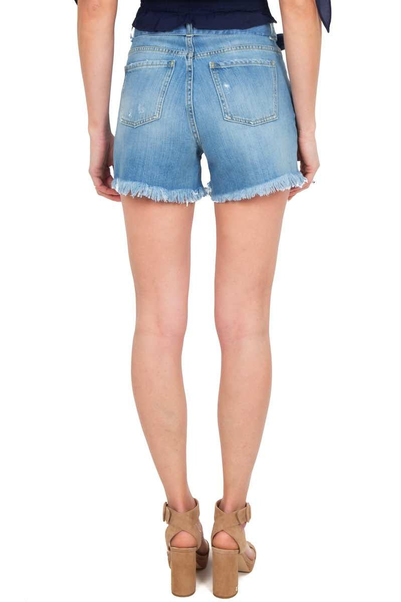 Pinko short in jeans con strappi e fibbia logo blu