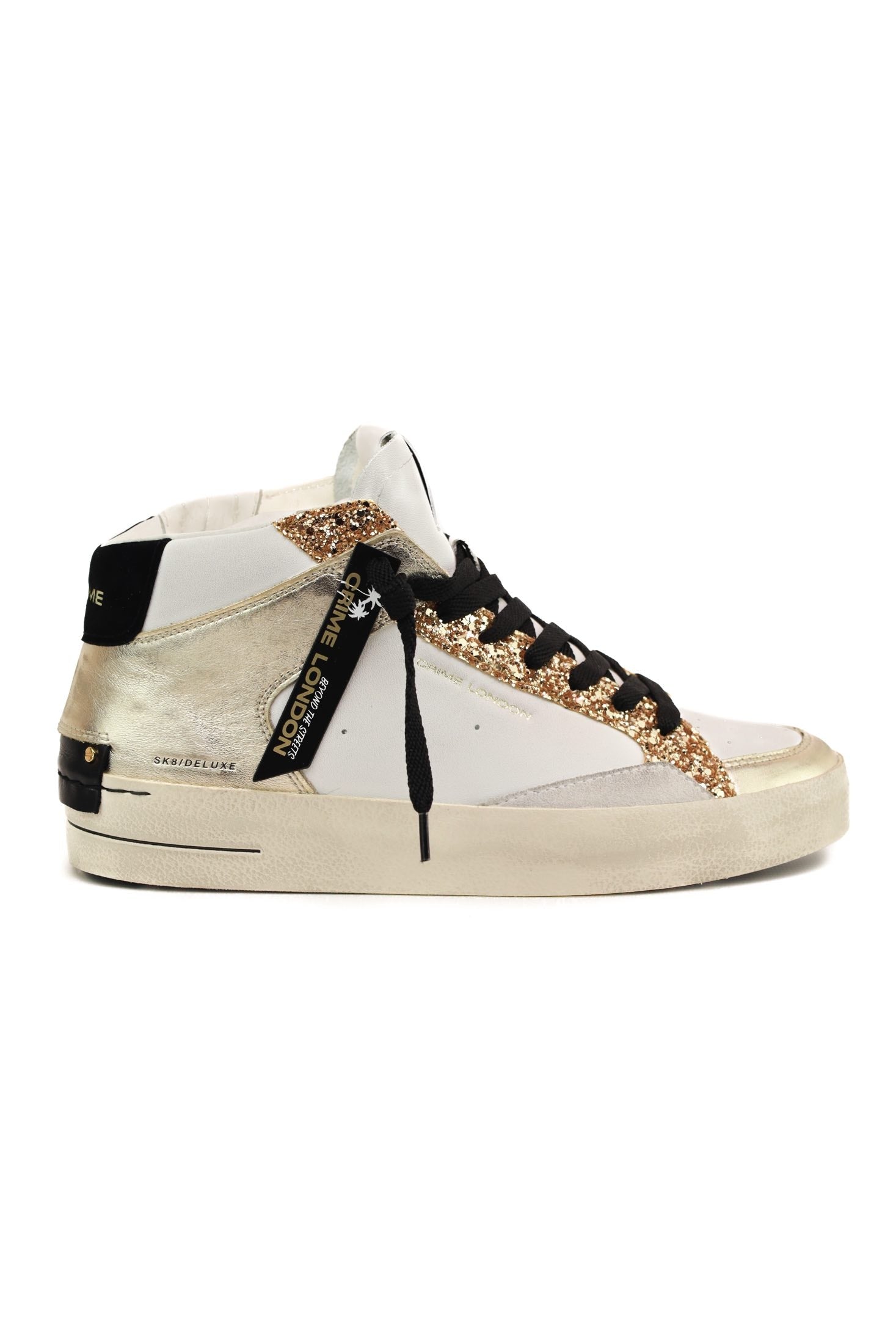 Crime sneakers donna alta in pelle con dettagli glitter bianco