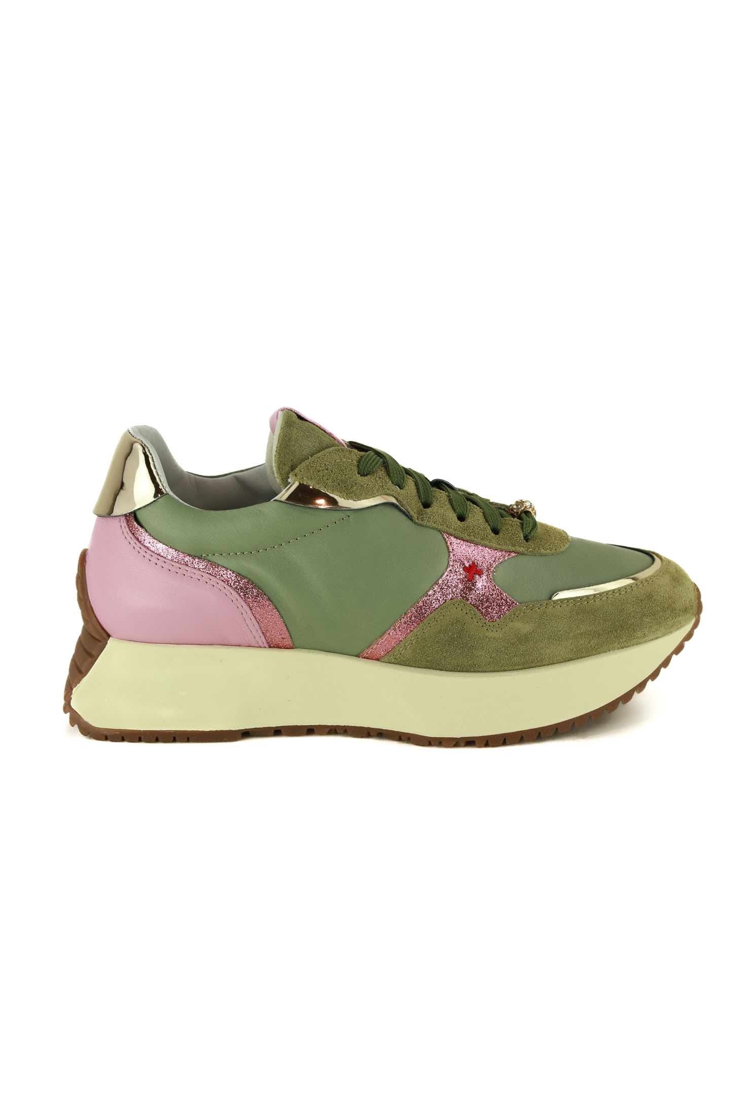 Gio sneakers donna in pelle con gioiello verde