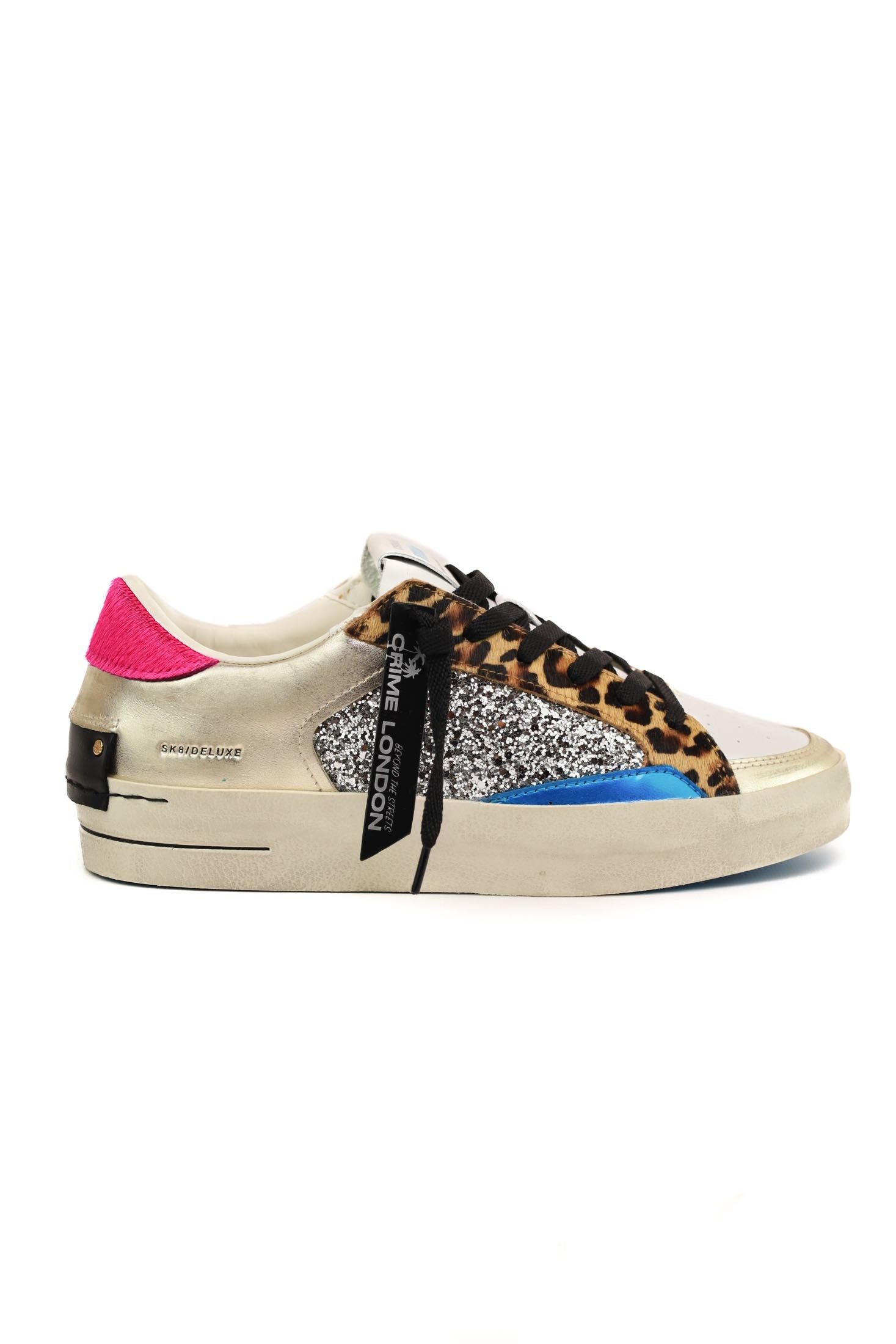 Crime sneakers donna pelle dettagli animalier e glitter bianco