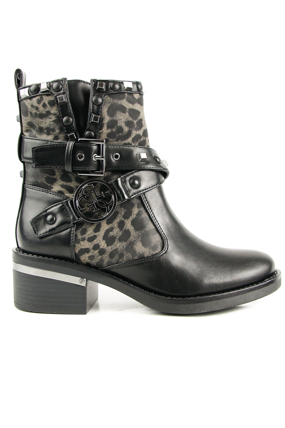 Guess Scarpe stivaletto maculato fenix con fibbie e borchie nero