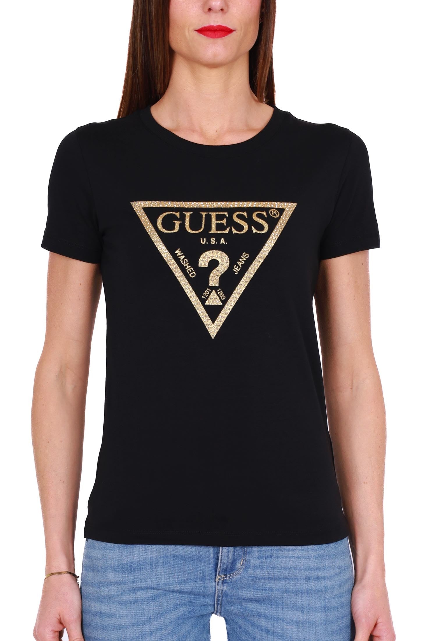 Guess Donna t-shirt con stampa logo e strass nero