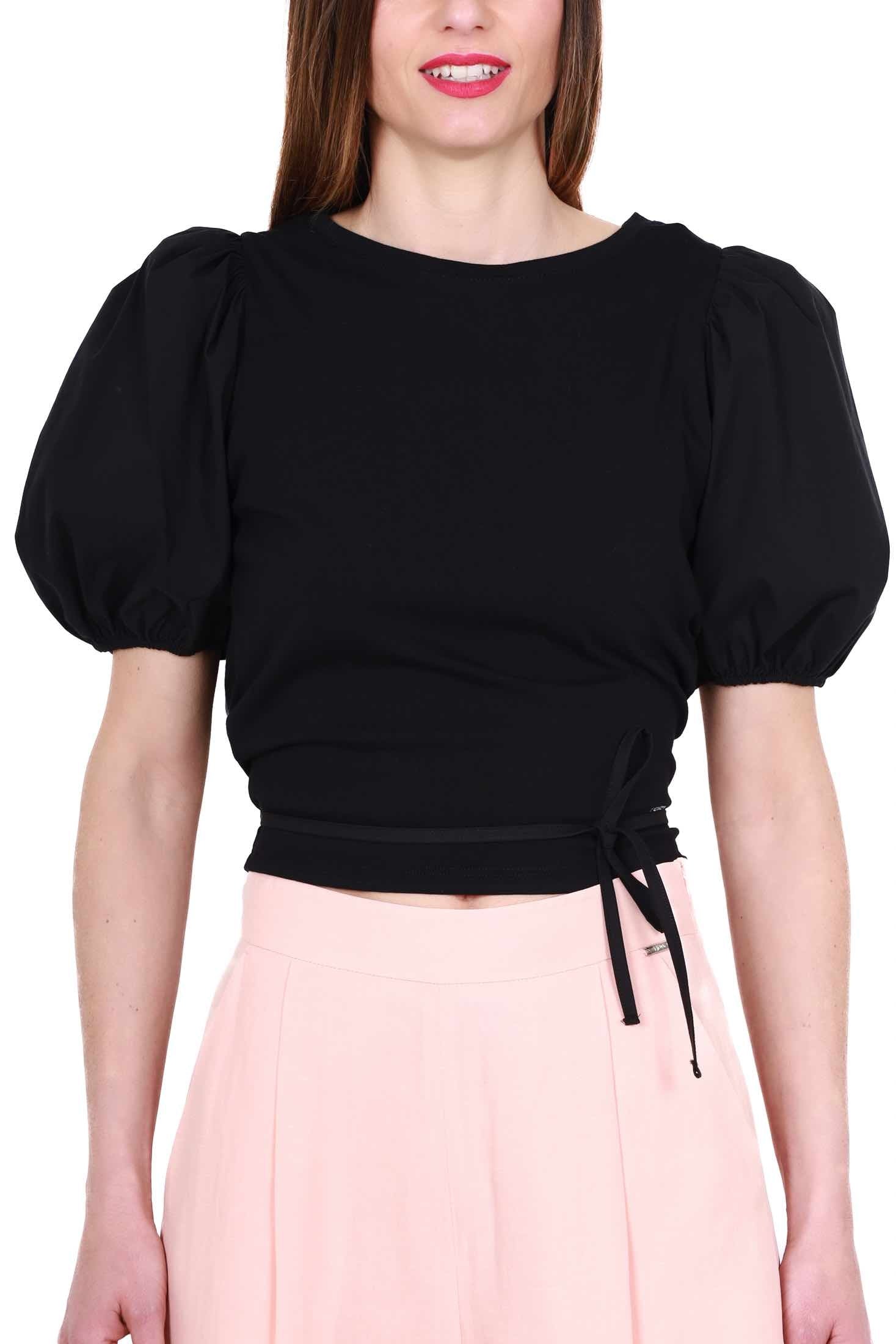 Liu Jo White t-shirt cropped con maniche a palloncino nero