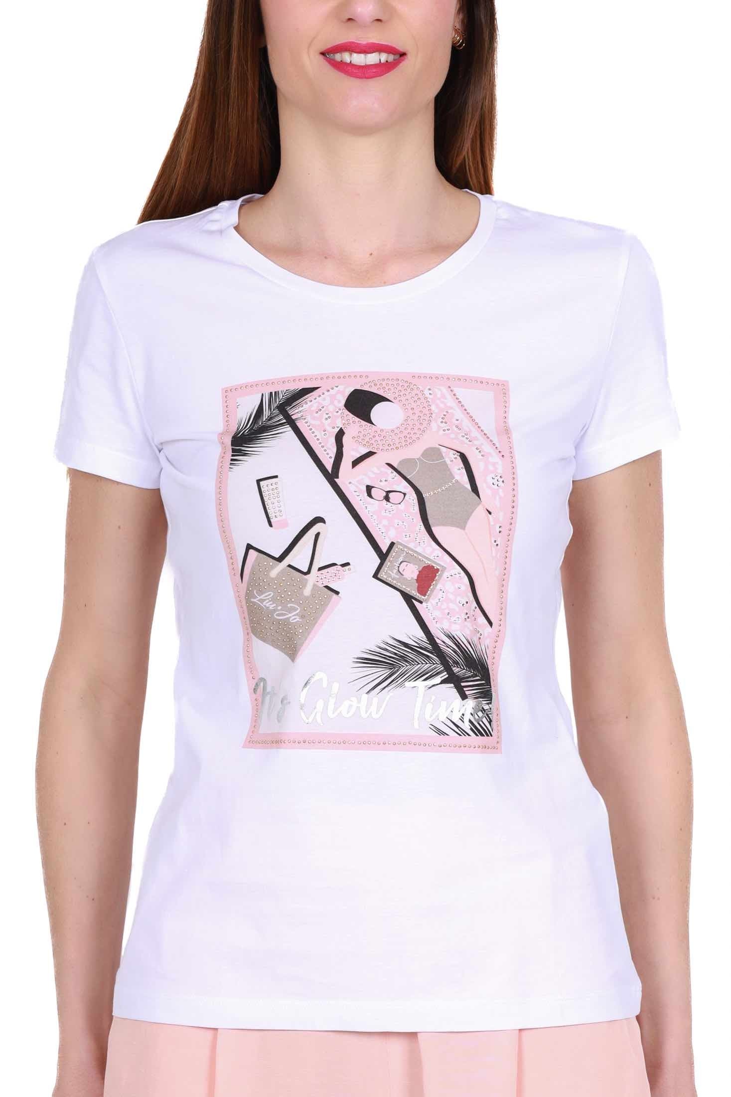 Liu Jo White t-shirt girocollo con stampa e strass bianco