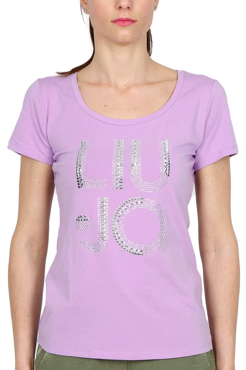 Liu Jo White t-shirt scollo ampio con scritta strass e borchie lilla