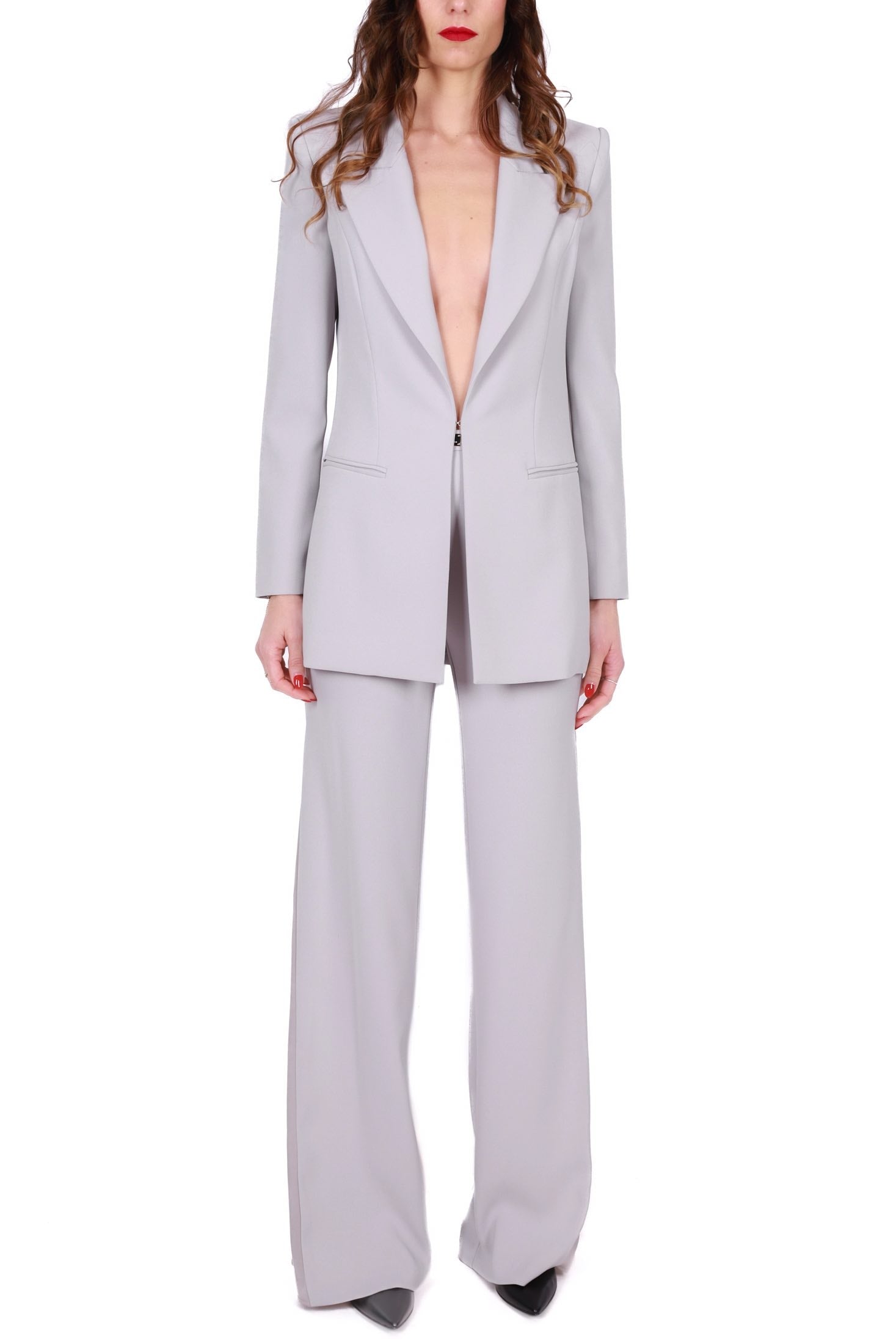 Elisabetta Franchi tailleur giacca lunga e pantalone palazzo grigio