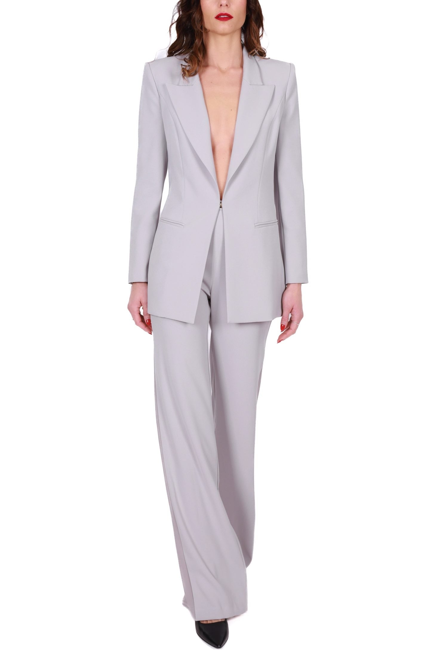 Elisabetta Franchi tailleur giacca lunga e pantalone palazzo grigio