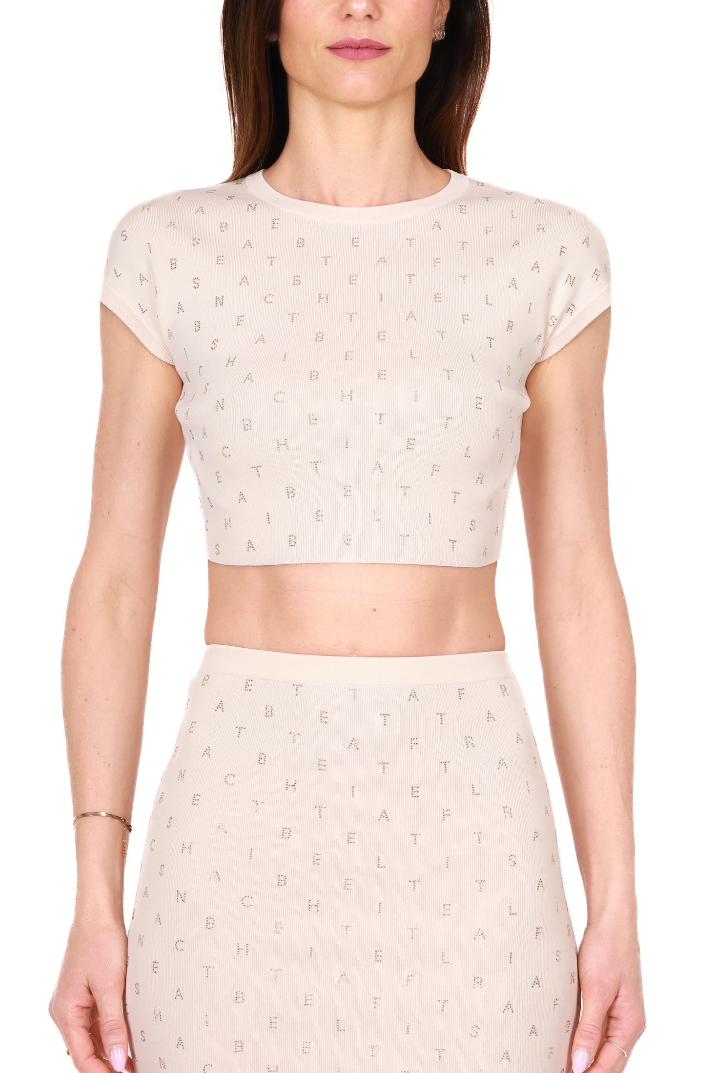 Elisabetta Franchi top cropped in maglina di viscosa beige