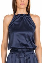 Molly top cropped in raso satin blu