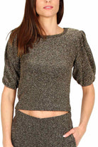 Teddy top cropped maniche corte in jersey di lurex nero