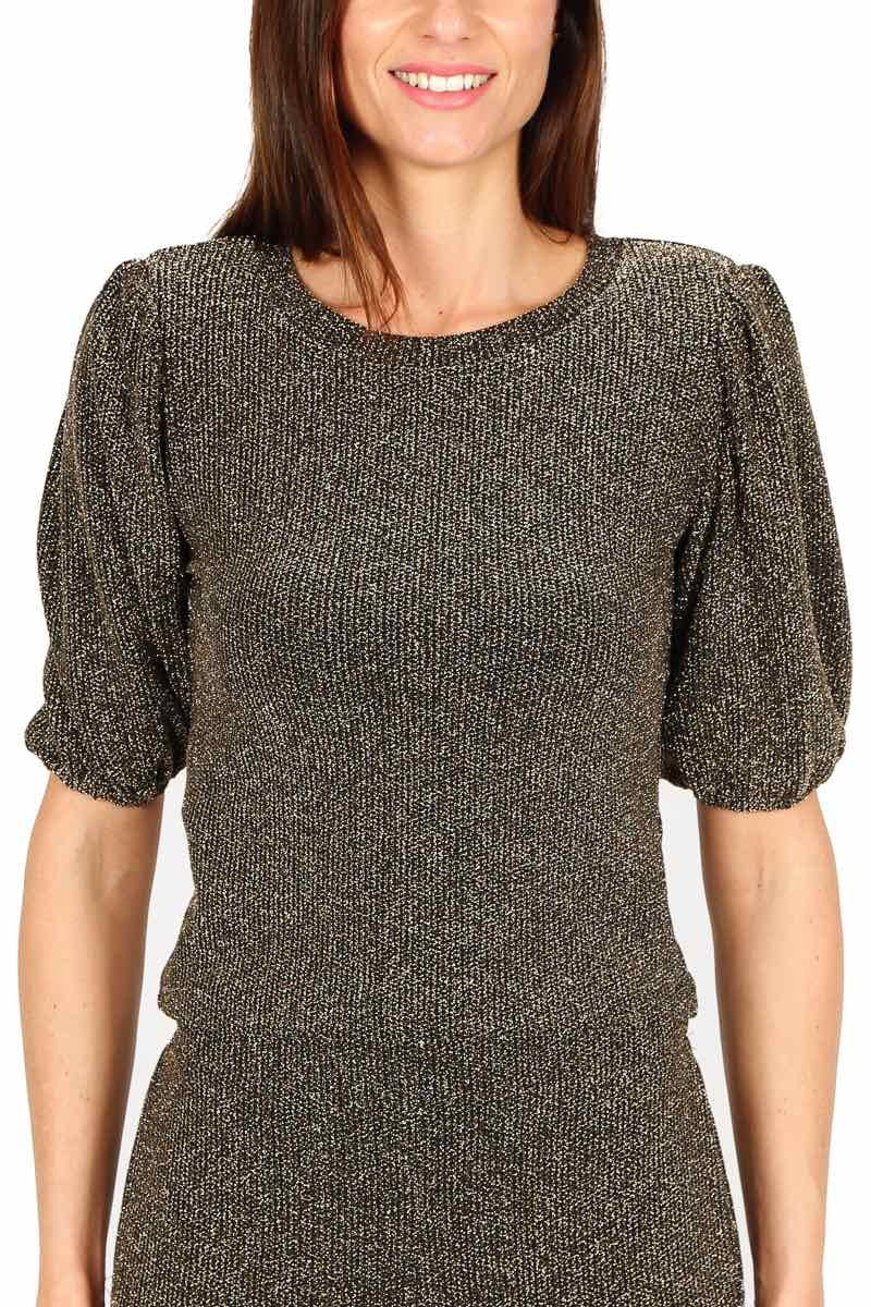 Teddy top cropped maniche corte in jersey di lurex nero