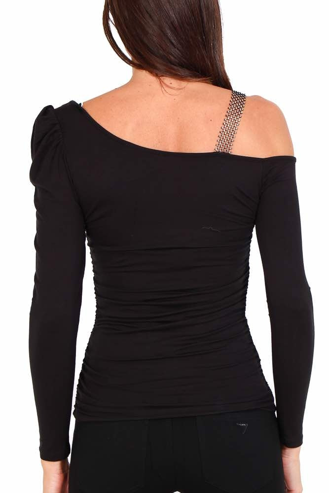 Guess Donna top in jersey di viscosa con spallina di strass nero