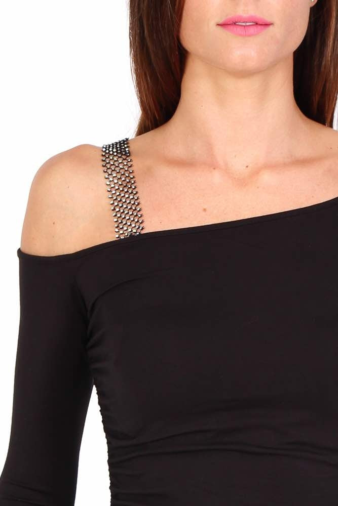 Guess Donna top in jersey di viscosa con spallina di strass nero