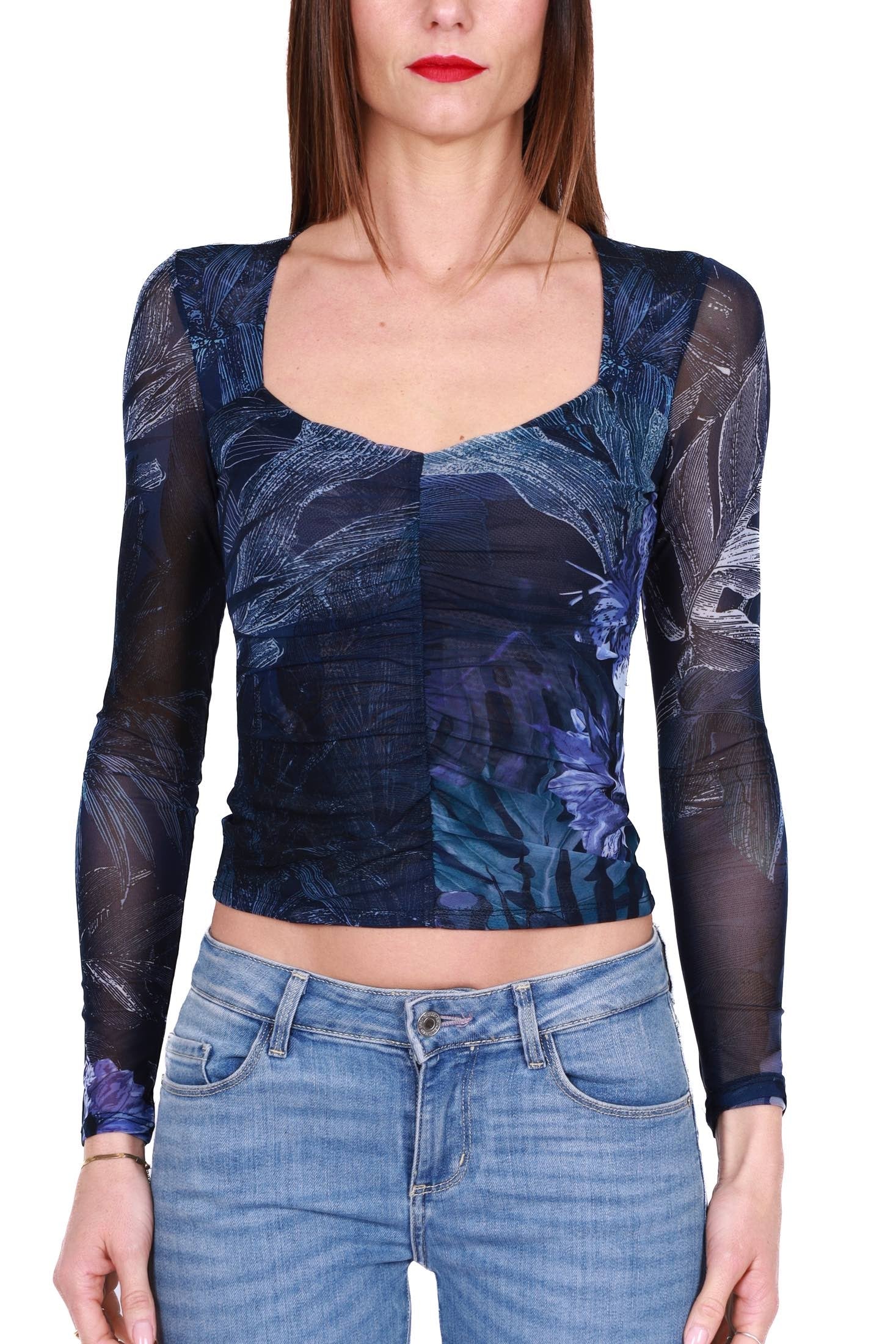 Guess Donna top manica lunga in tulle stretch fantasia