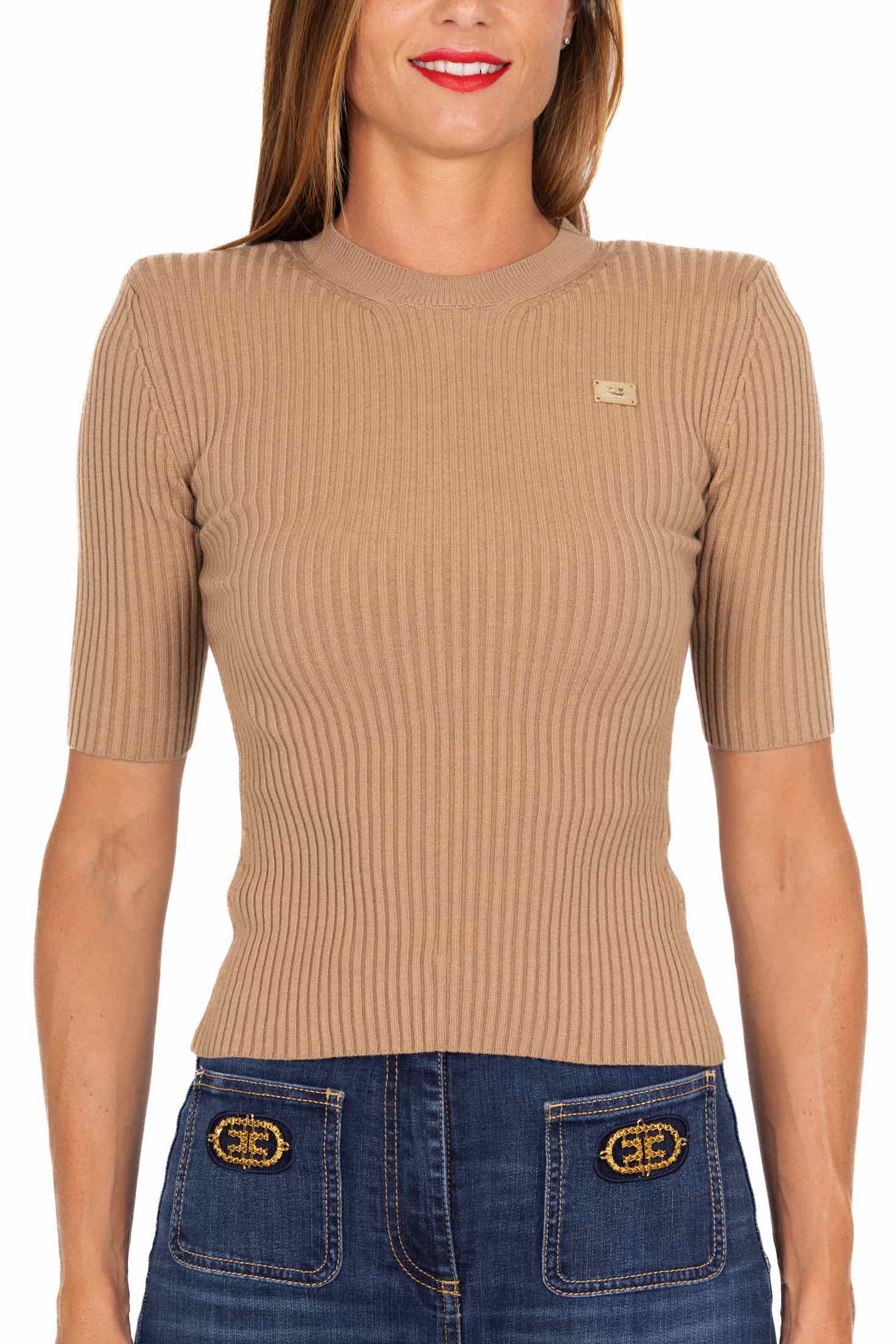 Elisabetta Franchi top maniche tre quarti in maglia a costine cammello