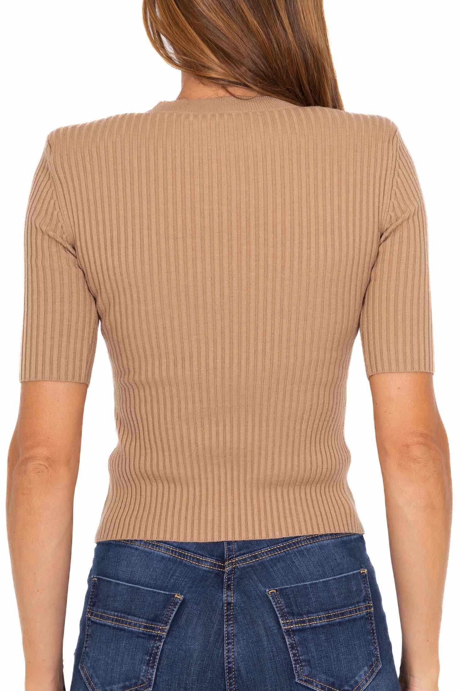 Elisabetta Franchi top maniche tre quarti in maglia a costine cammello