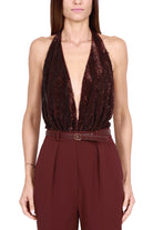 Elisabetta Franchi tuta elegante con top paillettes smanicato bordeaux